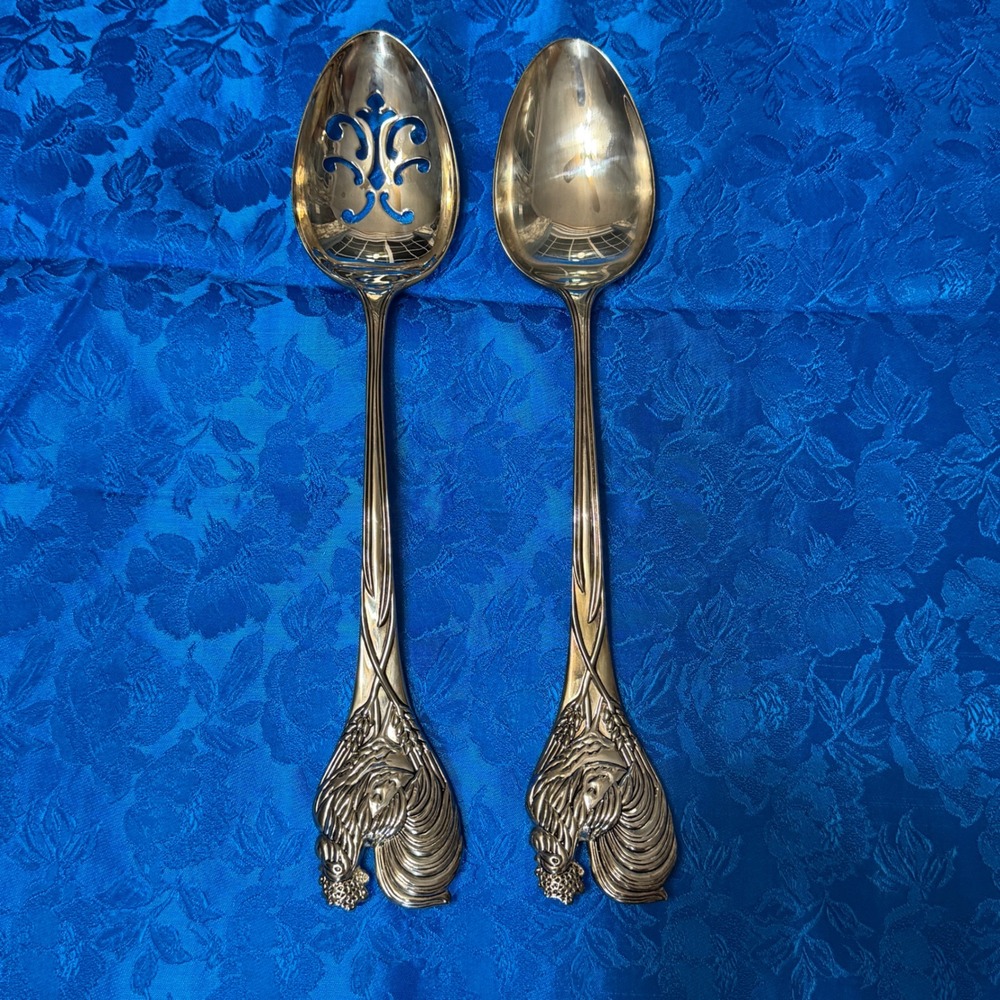 Vintage Rooster Wheat Silver Plated Serving‎ Spoon Set Pierced and Solid 2 Piece